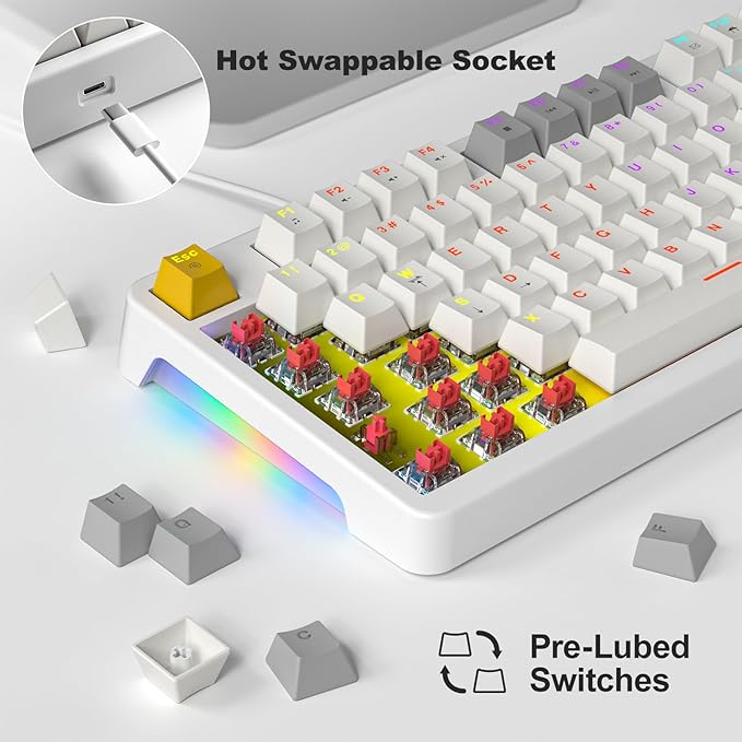 AK96 Smart Mechanical Keyboard Gaming, 96 Keys Full Size with LED Colorful Backlit, Clicky Creamy Sounding, USB Wired Computer Keyboard with Volume Knob for PC, Mac, Windows (White)