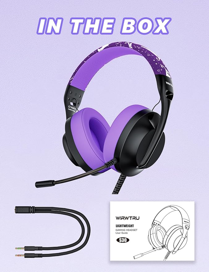 S30 Gaming Headset with Microphone,198g Lightweight Design, Wired Gaming Headphones for Xbox, Xbox Series X|S, PS5, PS4, Switch, PC, Noise Cancelling Mic, Soft Earmuffs (Purple)