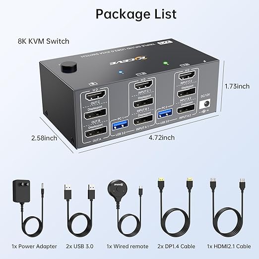 HDMI Displayport KVM Switch 3 Monitors 2 Computers 8K@60Hz 4K@144Hz,3 Monitor KVM Switch 2 Computers for 2 PC Share 3 Monitor and 4 USB3.0 Devices,Triple Monitor KVM Support Extended and Mirror Mode