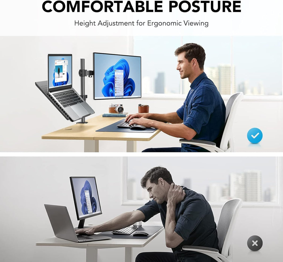 HUANUO Adjustable Monitor Arm with Laptop Tray, Single Desk Mount for 13-32" VESA Monitors up to 22 lbs, 14" x 12" Laptop Tray
