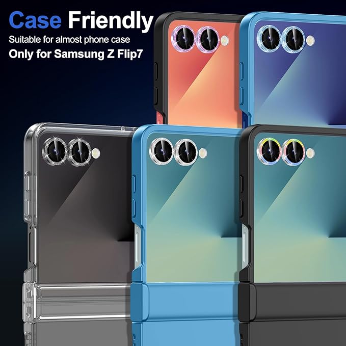 for Samsung Galaxy Z Flip 7 Camera Lens Protector, Individual Metal Ring Tempered Glass Lens Cover, [Strong Adsorption] Scratch Resistant Ultra-Thin HD Clear Lens Cover, 1 Set-Colorful Sparkly