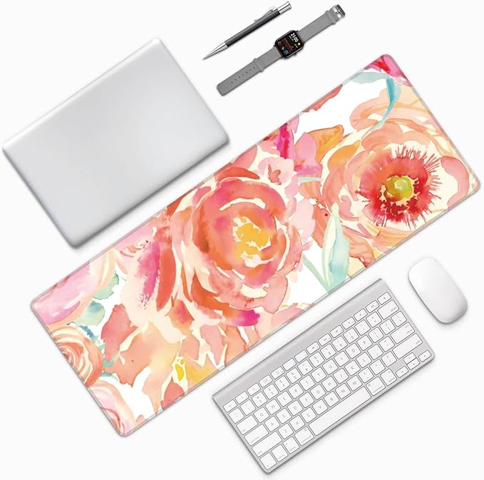 Pink Flower Large Mouse Pad Extended Gaming Mousepad 31.5 x 11.8 Inch with Anti-Slip Rubber Base Cute Office Decor Women Girls Computer Accessories Home Office Supplies
