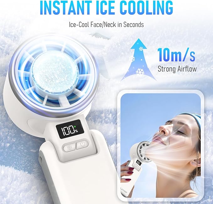 Portable Handheld Turbo Fan with Ice Cooling, Rechargeable Personal Fan, Up tp 12Hrs Cooling, 5 Speed 25550RPM Powerful Portable Fan for Travel, Outdoor, Camping, Hiking (White)