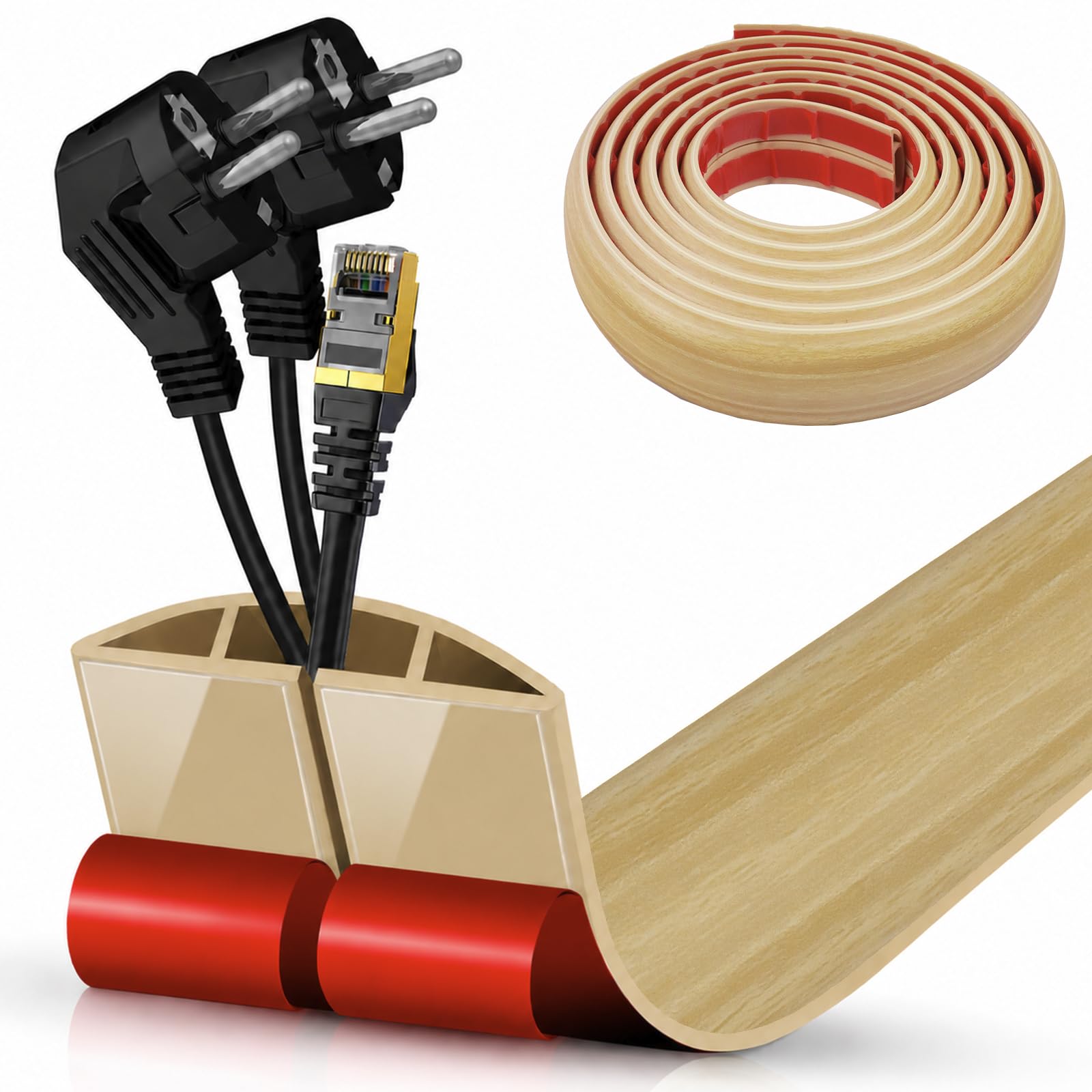 Floor Cord Cover Cavity 0.8"x0.37" Self Adhesive Cord Hider, 10FT Low Profile Cable Management, Extension Strip Protector for Wires, Prevent Cable Trips for Offices, Gyms,(Wood Light Yellow)