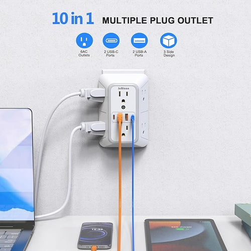 2 Pack Outlet Extender Surge Protector, 6 Outlet Splitter with 4 USB Outlet (2 USB A,2 USB C), 3Sided Power Strip with Adapter Spaced Outlets for Home, Office, Travel(White)-ETL