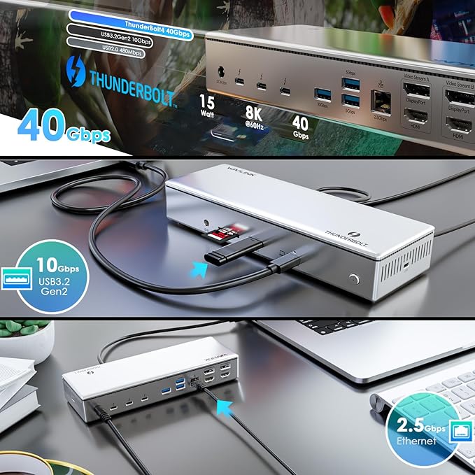 WAVLINK Thunderbolt 4 Dock, Docking Station with Quad 4K@60Hz Monitors