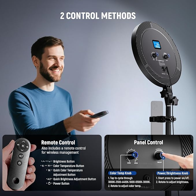 NEEWER Basics 12" 24W Large Ring Light with 68" Stand/Phone Holder/Remote for iPhone Video Recording Selfie Streaming Makeup Studio Photography, 3000K-6500K CRI98 Full Screen LED Panel Lighting, BR13