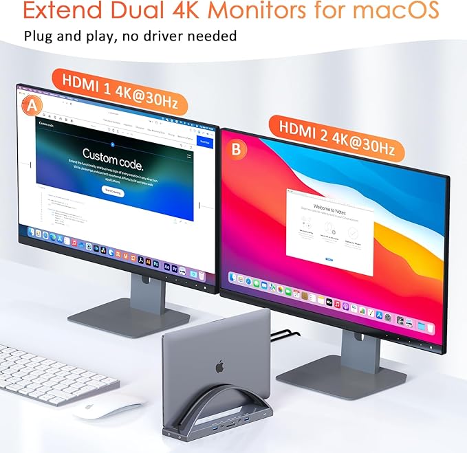 TobenONE MacBook Docking Station Dual Monitor 4K with 100W Power Adapter, 13-in-2 USB C Docking Station for MacBook Pro/Air, Laptop Dock Stand with 2 HDMI, VGA, 5 USB, PD 3.0, RJ45, SD/Micro SD, Audio