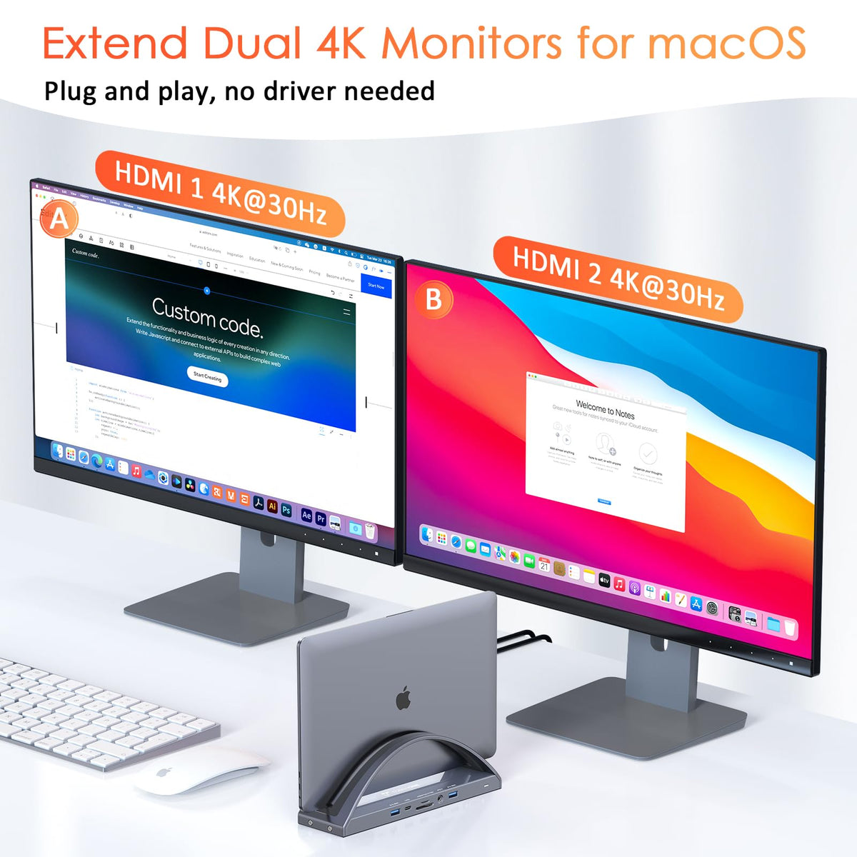 TobenONE MacBook Pro/Air Docking Station Stand, Dual 4K HDMI, 100W Charger