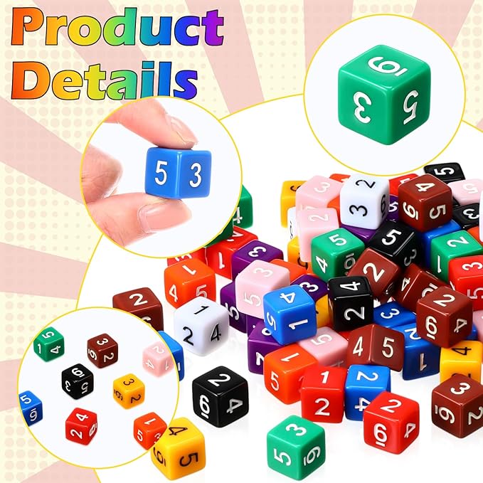 Poen 100 Pcs 16mm Dice Set Bulk, 6 Sided Standard Colored Dices with Numbers, D6 Polyhedral Games Dice for Board Games, Parties (Solid Color)