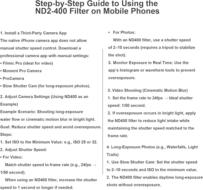 52mm Clip-on ND2-400 Phone Camera Lens Filter Kit, Adjustable Neutral Density Filter Compatible for iPhone 15 14 13 12 11, Google Pixel and Other Smart Phones