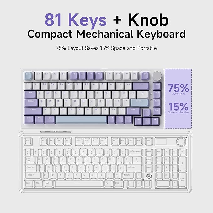 Ajazz AK820 75% Wired Gasket Mechanical Gaming Keyboard with Volume Knob - South Facing LED - Poron Foam - PBT Keycaps - Programmable RGB Hot Swap Keyboard