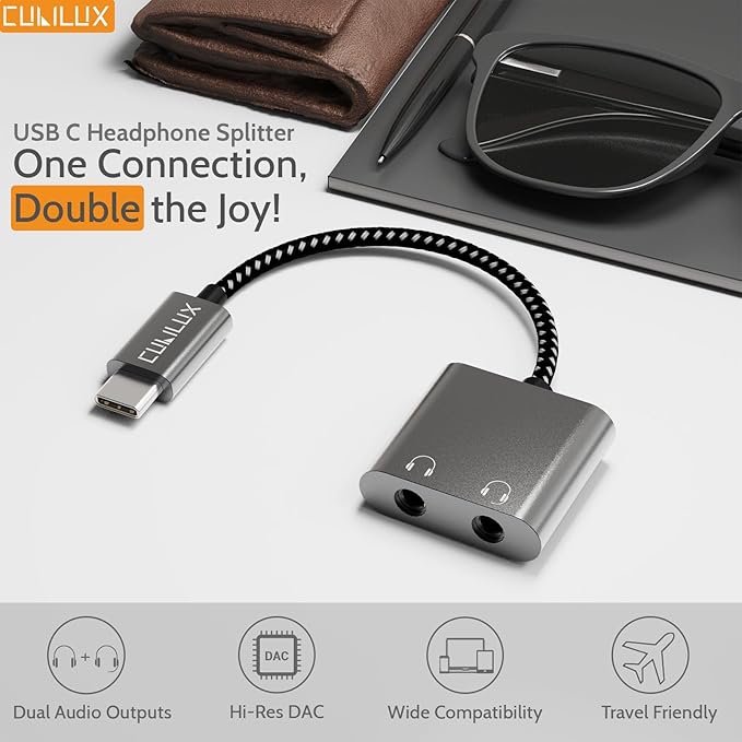 Cubilux USB C Double Headphone Splitter, Type C to Dual 3.5mm Jacks Audio Sharing Adapter Compatible with iPhone 16/15, iPhone 16/15 Pro Max, iPad Pro 13/12.9/11, iPad Air 13/5th/4th and More