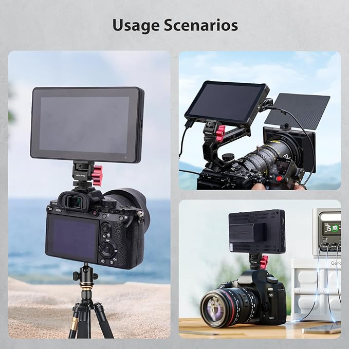 Mechrig Mini Camera Monitor Mount with Cold Shoe, Aluminum Field Monitor Mount with 1/4″ Screw for LED Light Mic Cage, Cold Shoe Adapter 360° Swivel & 180° Tilt Damping (with Knob 63142)