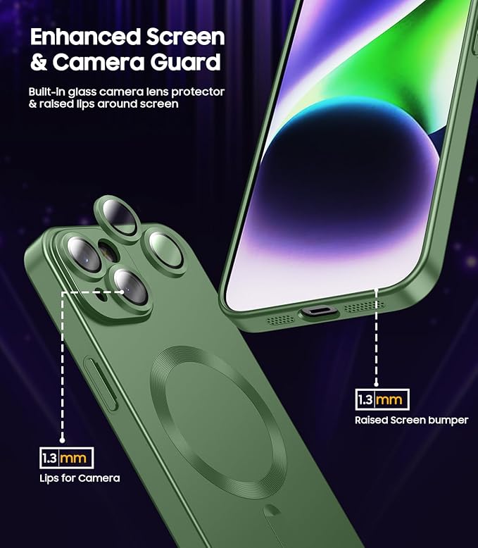 Magnetic for iPhone 14 Plus Case [Compatible with MagSafe][Built-in Camera Lens Protector] Slim Soft Silicone Bumper Shockproof Metallic Luster Phone Case (Green)