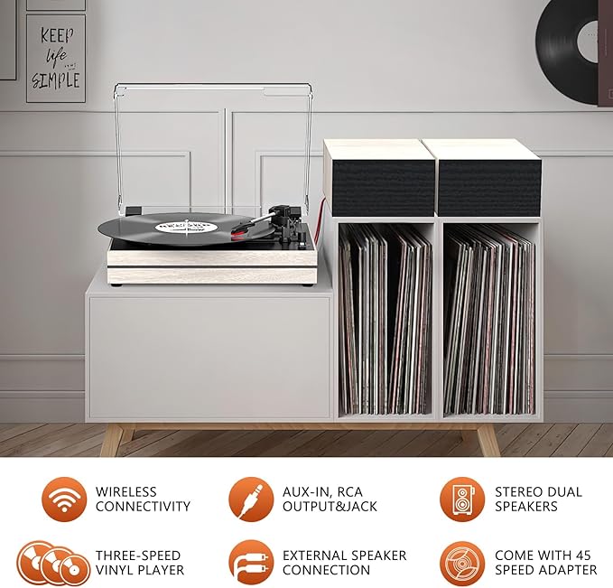 Record Player for Vinyl with External Speakers, Belt-Drive Turntable with Dual Stereo Speakers Vintage Vinyl LP Player Support 3 Speed Wireless AUX Headphone Input Auto Stop for Music Lover White
