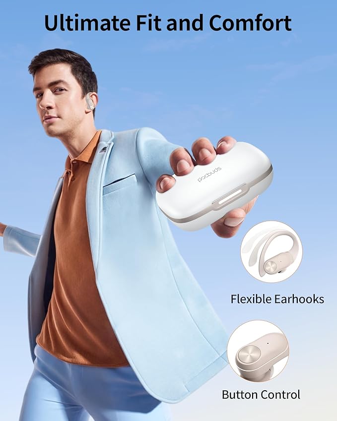 PocBuds Bluetooth Headphones Wireless Earbuds 80hrs Playtime Wireless Charging Case Digital Display Sport Ear buds with Earhook Deep Bass IPX7 Waterproof Over-Ear Earphones for Phone Laptop Pearl Gray