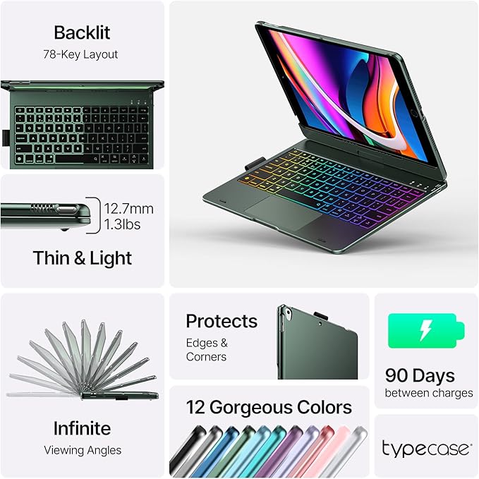 typecase Touch iPad 9th Generation Case with Keyboard (10.2", 2021), Multi-Touch Trackpad, 10 Color Backlight, 360° Rotatable, Thin & Light for iPad 8th Gen, 7th Gen, Air 3, Pro 10.5 (Midnight Green)