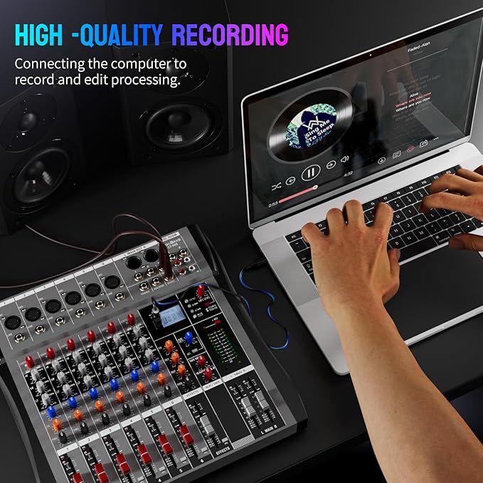 Professional DJ Audio Mixer - NEW BAXS 6 Channel DJ Bluetooth Controller Sound Mixer,USB Interface,6 XLR Mic/Line Input,AUX,FX Processor MP3 Player,+48V Phantom For Karaoke Studio Streaming Recording