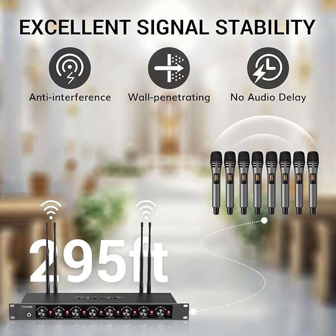 TONOR Wireless Microphones System with 8x12 Channels Cordless Handheld Microfono Inalambrico, 295FT UHF Range, Mics with Stable Signal, Quick Mute for Karaoke Singing Party Church Wedding PA Speaker