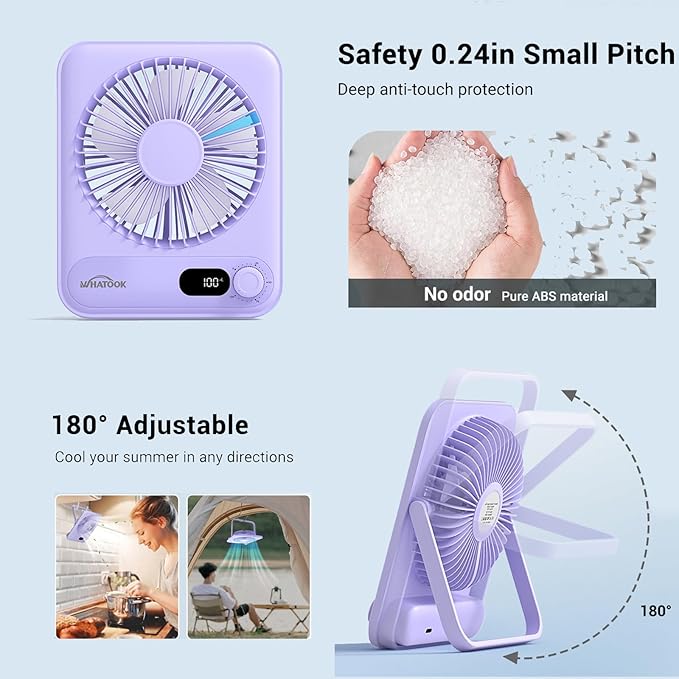 WHATOOK Small Desk Fan Personal Fans: 5000mah 25 Hours Battery Office Quiet Mini Desktop Fan Portable Rechargeable Travel Essentials (Purple, 2000)