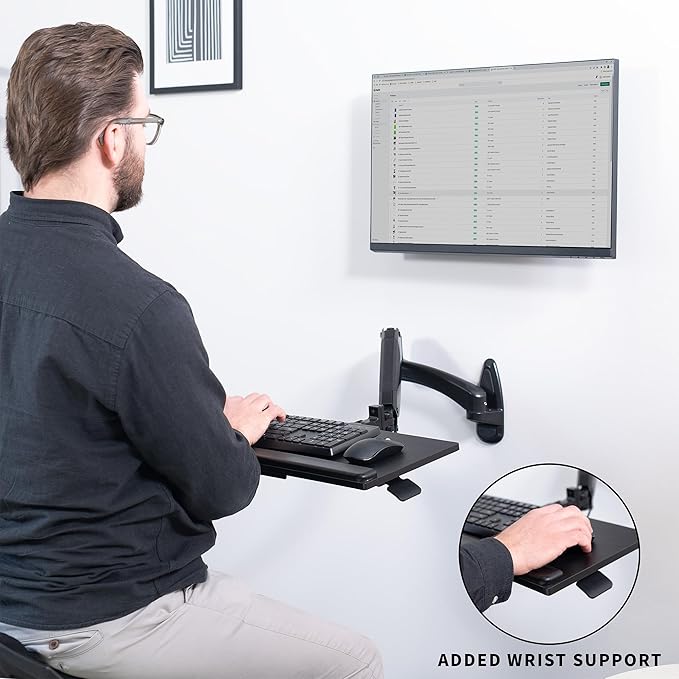 VIVO Sit-Stand 24 Inch Pneumatic Spring Keyboard and Mouse Tray Wall Mount, Counterbalance Height Adjustable Typing Platform, Ergonomic Tilt, Black, MOUNT-KB35B