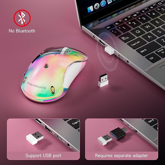 memzuoix 2.4G LED Wireless Mouse, Rechargeable Ergonomic Mouse with Detachable Cover, 1200 DPI Portable Optical Computer Mouse with USB Receiver for Laptop, PC, Desktop and MacBook, 5 Buttons-Pink