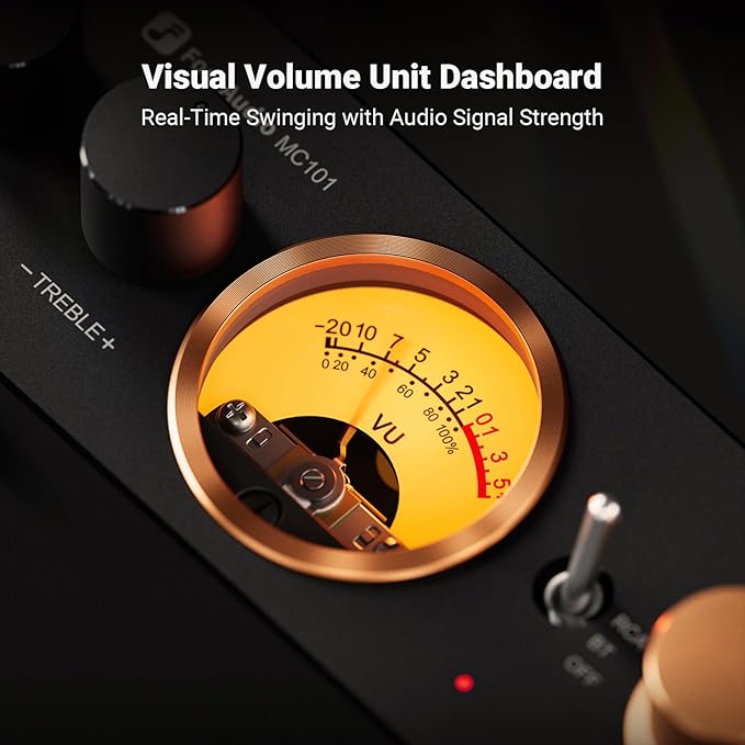 Fosi Audio MC101 Bluetooth Stereo Amplifier Home Audio Component Mini Amp with VU Meter 2 Channel HiFi Receiver for Passive Speakers with Bass Treble Tone Control Vintage All Aluminum Alloy Build