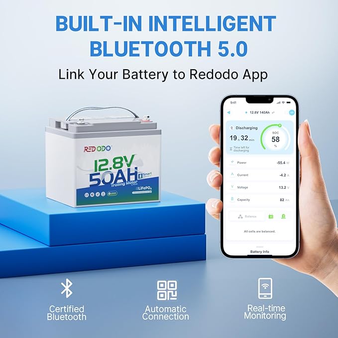 Redodo Smart Bluetooth 12V 50Ah LiFePO4 Lithium Battery for Trolling Motor, Low-Temp Protection, 10 Years Lifetime, Lightweight & Portable Perfect for RV, Solar, Boat Marine and Camping 2 Pack
