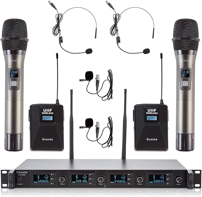 4 Channel Wireless Microphone System UHF 2 Cordless Handheld Mics and 2 Lavalier Headset Mics for Karaoke Church Speaking Conference Meeting Party, 4x25 Adjustable Frequency (2 Handheld + 2 Bodypack)