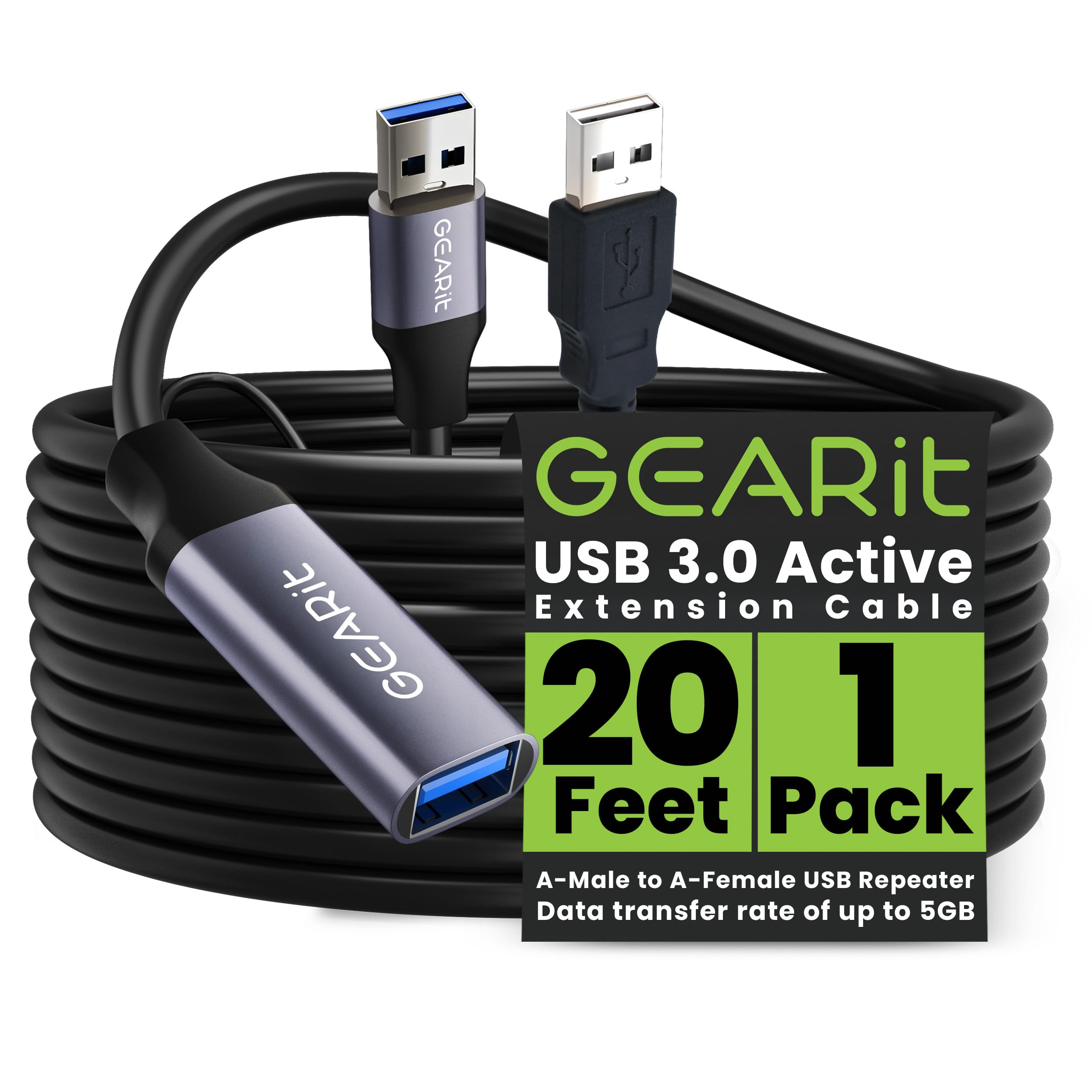 GEARit USB 3.0 Active Extension Cable (20 Feet) A-Male to A-Female USB Repeater with Signal Booster for Oculus Rift, Quest Link, Xbox 360 Kinect, PlayStation, Printer, Webcam - 20ft