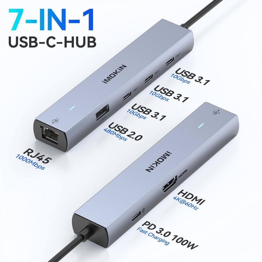 MOKiN 10Gbps USB C Hub Ethernet, 7 in 1 USB C Adapter for MacBook Pro/Air with 4K@60HZ HDMI, 3*USB-C 10Gbps Data, RJ45, USB 2.0, 100W PD, USB C Dongle for MacBook Pro/Air/Dell/HP/Thinkpad/Lenovo.