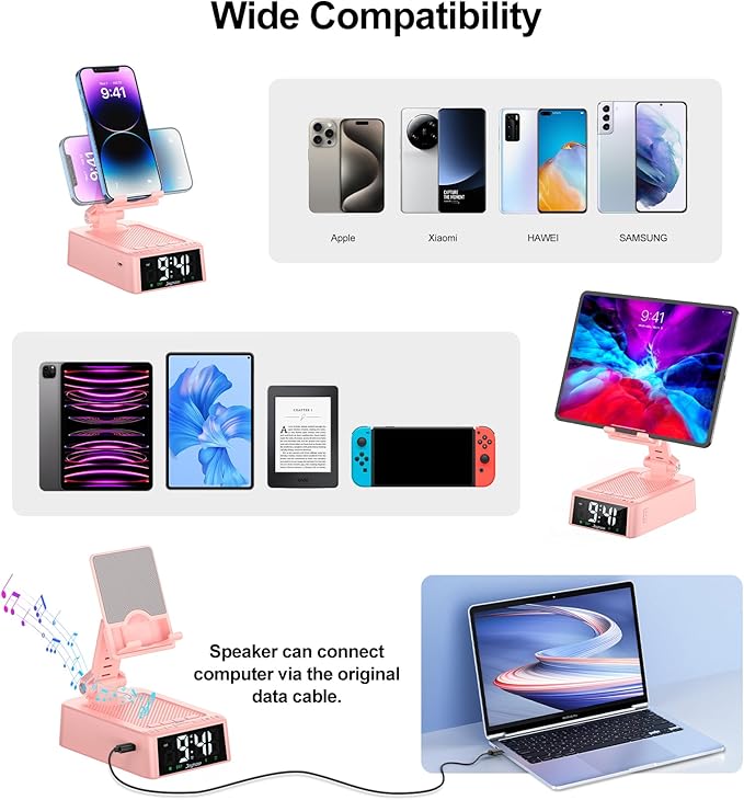 Gifts for Women Girls, Phone Stand with Bluetooth Speaker 360° Rotable Angel Adjustable Cell Phone Holder for Desk with HD Subwoofer Sound Fits All Phones,Tablets (Pink)