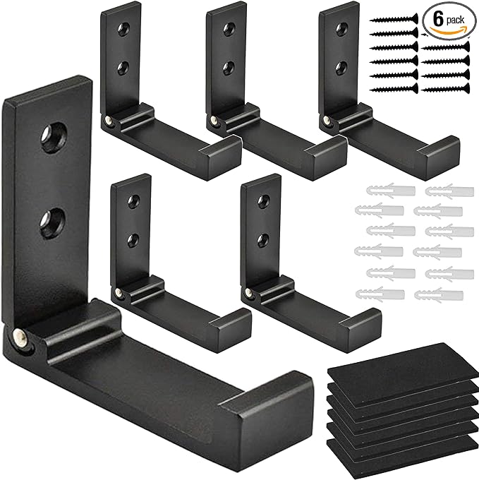 Folding Coat Hooks, Foldable Wall Hooks for Hanging Aluminum Alloy Cloth Hanger Coat Hanger Headphones Holder Headset Wall Hanger Hook- Pack of 6 (Black)