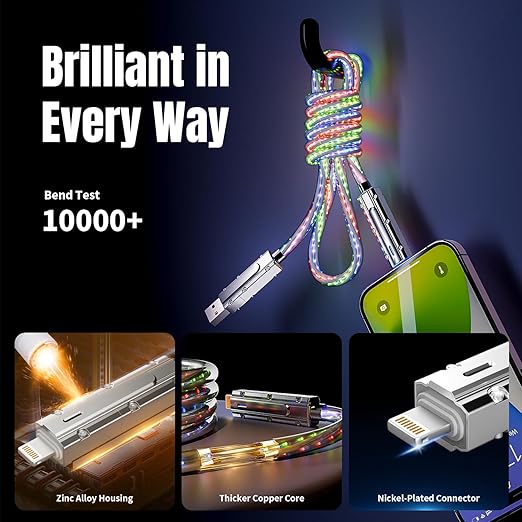4 in 1 Charging Cable Fast Charging 66W, USB C Cable 3.3 FT Chubby USB A/C to C/L Multi Charging Cable with Light for iPhone 16/15/14/13 Series/MacBook/iPad Pro/Samsung