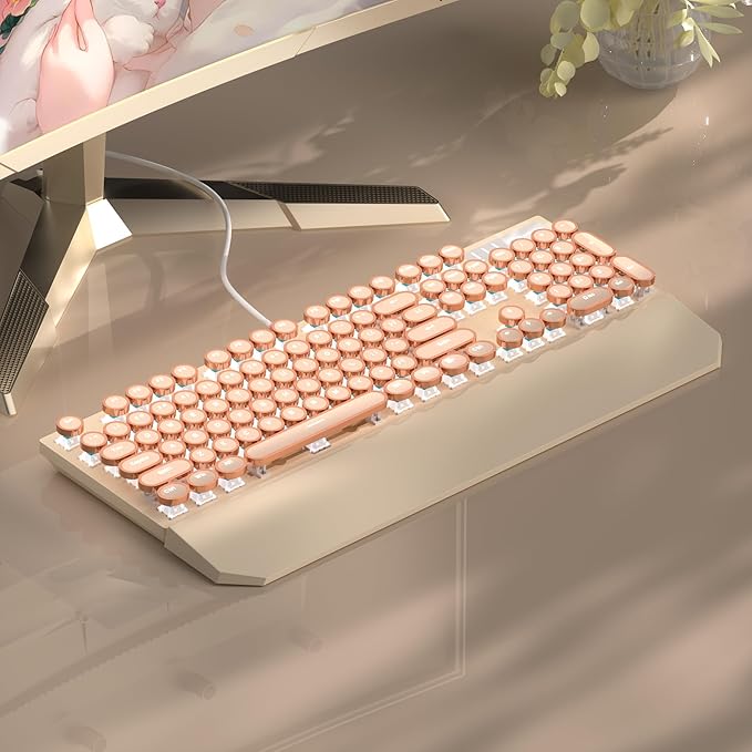MageGee Typewriter Mechanical Gaming Keyboard, Retro Punk Creamy Round Keycaps, 104 Keys LED White Backlit Wired Keyboards for Laptop MAC PC Gamer, with Magnetic Wrist Rest, Blue Switch