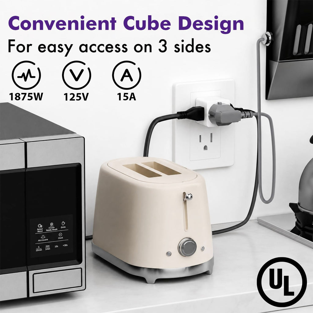POWERCORDS 3 Outlet Cube Wall Adapter, 3 Pack, Recessed Outlet Extender, Low Profile 3 Prong Plug Splitter, Grounded Wall Tap, 90° Compact Adapter, Cruise & Travel, UL Listed 15A 125V White
