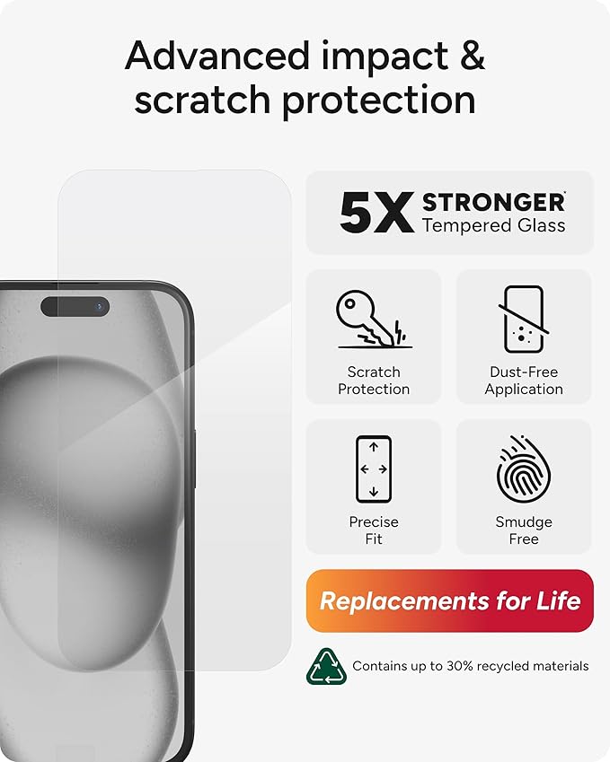 ZAGG InvisibleShield Glass Elite iPhone 15 Screen Protector - 5X Stronger with Reinforced Edges, Scratch & Smudge-Resistant Surface, Easy to Install