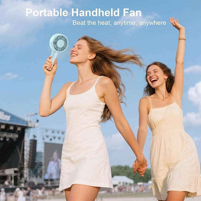 Portable Handheld Fan, USB Personal Fan Rechargeable Battery Operated 10H Working Cooling Time Mini Small Design with Base for Desktop/Travel/Outdoor/Vacation/Concerts/Lash Makeup-Blue