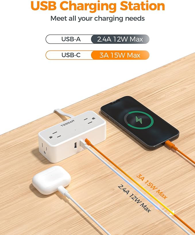 TESSAN Extension Cord 5 FT, Power Strip with 900J Surge Protection, Grey