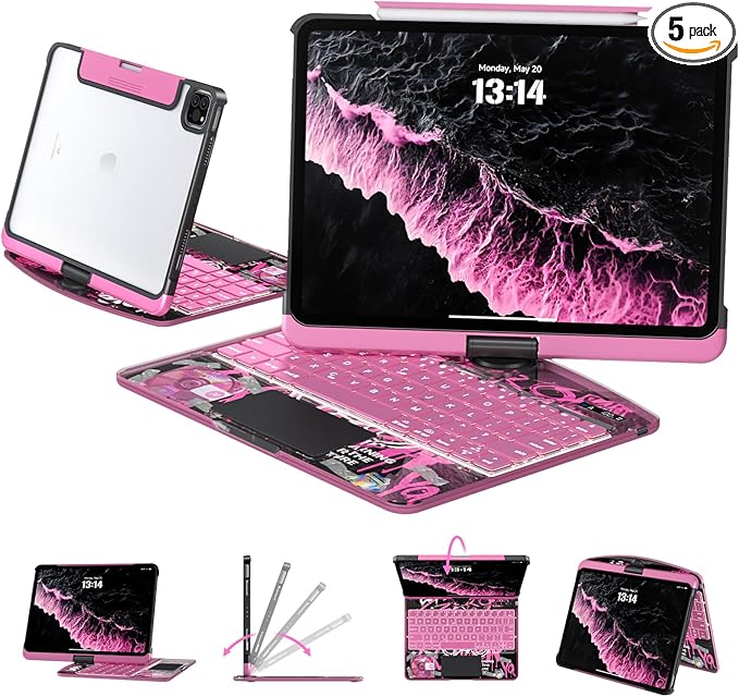 Transparent Case with Keyboard for 2024 iPad Pro 13 inch (M4), iPad Pro 13,7-Color Backlit,Magic Wireless Keyboard, 360°Rotating,Multi-Touch trackpad,Pencil Holder,with Shortcuts,Pink