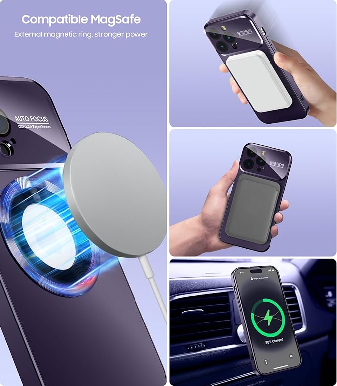 Magnetic for iPhone 13 Pro Case, Built-in Camera Lens Protector, Compatible with MagSafe, Logo View, Military Grade Protective Phone Cover, Purple