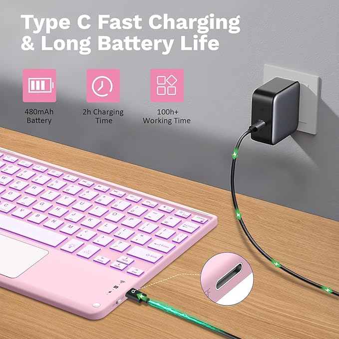 MoKo Touch Keyboard Case for iPad (A16) 11th Generation 11 inch 2025, iPad 10th Generation 10.9 inch Case with Pencil Holder, 7 Colors Backlit Multi-TrackPad Detachable Bluetooth Keyboard, Pink Marble