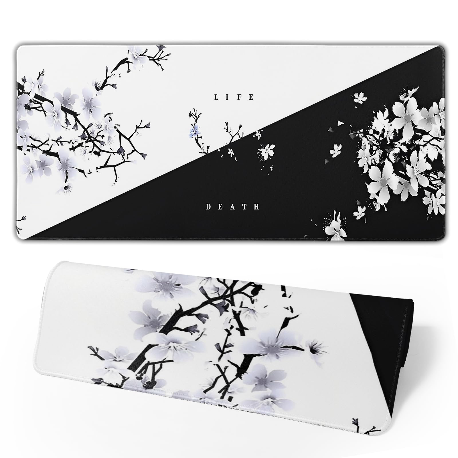 Japanese Life Death Keyboard Mat, Black White Japanese Anime Gaming Mouse Pad for Desk with Anti-Slip Rubber Base and Stitched Edges, Japanese Sakura Pagoda Sun Mouse Pad