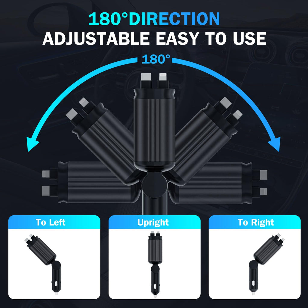 4 in 1 Retractable Car Chargers with Starlight, 66W USB C Fast Car Charger Adapter with 2 USB Ports for All iPhone 15/14/13/12/11 and for All Android (Black - RedLight)