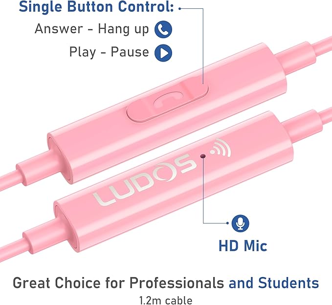 LUDOS OMNITONE USB C Headphones for iPhone 16 15 Pro Max Plus iPad Pro, 5 Years Warranty, USB-C Earbuds for Samsung Galaxy S24 S23 Ultra S22 S21 FE S20 A55 A54 A53, USB Type C Earphones - Pink