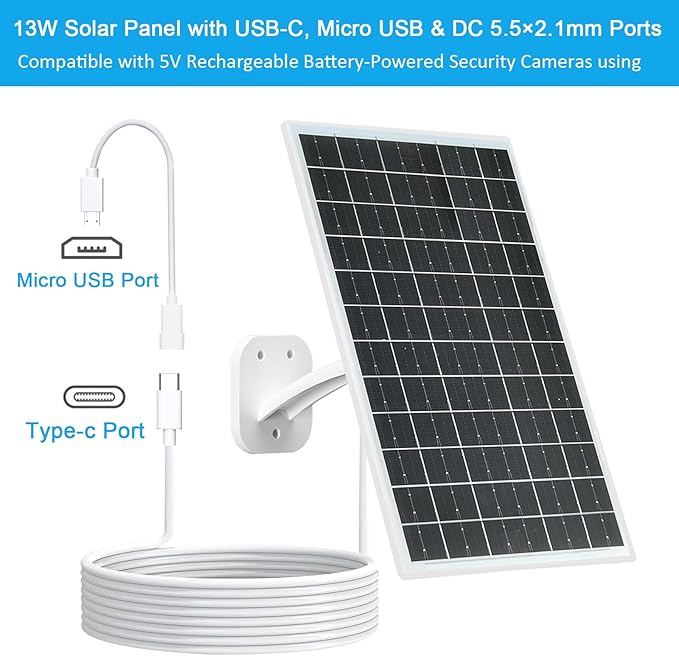 FUTUREZEN 13W Solar Panel for Security Cameras & Trail Cameras, USB-C, Micro USB & 5.5x2.1mm DC Output, IP66 Waterproof, 360° Adjustable Mount, 7.2FT Cable