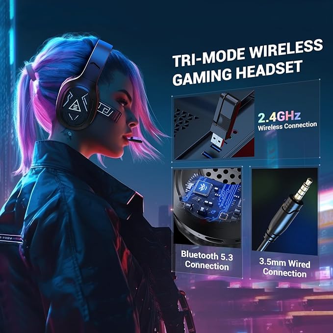 EKSA 2.4GHz Wireless Gaming Headset with Noise Canceling Microphone for PS5, PC, PS4 Bluetooth Gaming Headphones with USB & Type-C Connector, 52Hrs Battery PC Headset for Switch, Laptop, Mobile, Mac