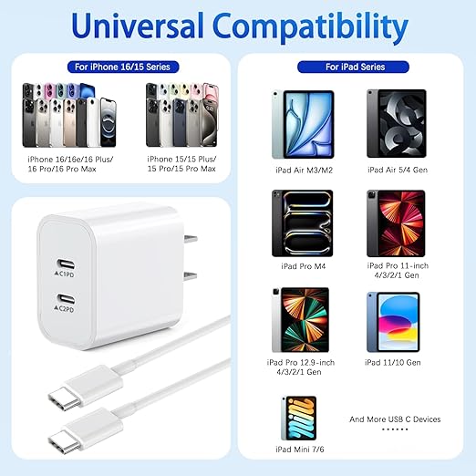 iPhone 16 Chargers,2Pack Dual USB C Port Fast Wall Chargers Block with 3FT USB C to C Charger Fast Charging Cable Cord for iPhone 16e/16 Pro Max/16 Pro/16 Plus/15 Pro Max/15 Pro/15/iPad Pro/Air/Mini