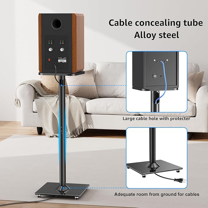 MOUNTUP Universal Speaker Stands Pair for Surround Sound, 31" Height Floor Speaker Stands, Holds Bookshelf Speaker Satellite Speaker Large Speaker, Up to 22LBS Cable Concealing 9.8" Plate Black MU9132